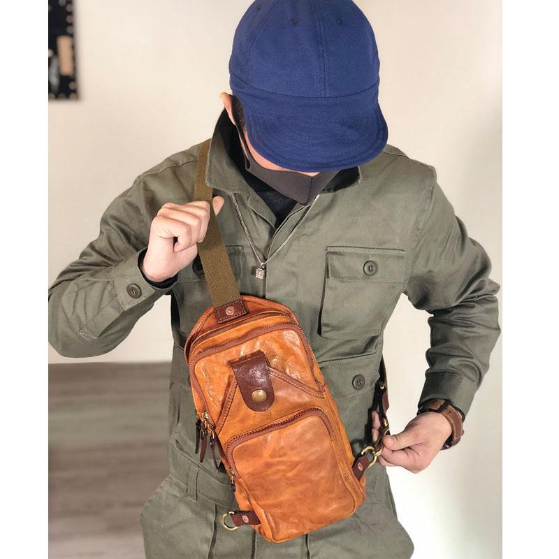 Vintage Black Leather Mens Cool Chest Bag Sling Bag Crossbody Pack Tan One Shoulder Backpack for men