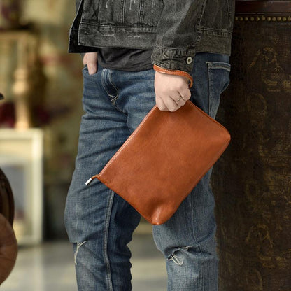 Genuine Leather Mens Clutch Cool Slim Wallet Zipper Clutch Wristlet Bag Wallet for Men Women