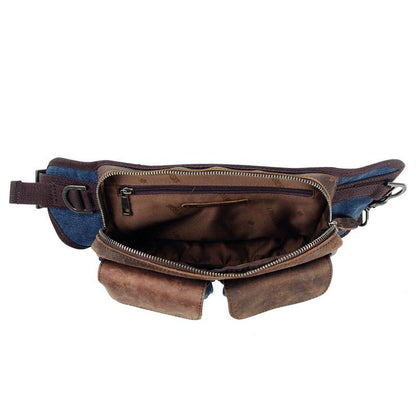 Navy Blue Canvas Leather Fanny Pack Men's Brown Chest Bag Canvas Sling Hip Bag Waist Bag For Men