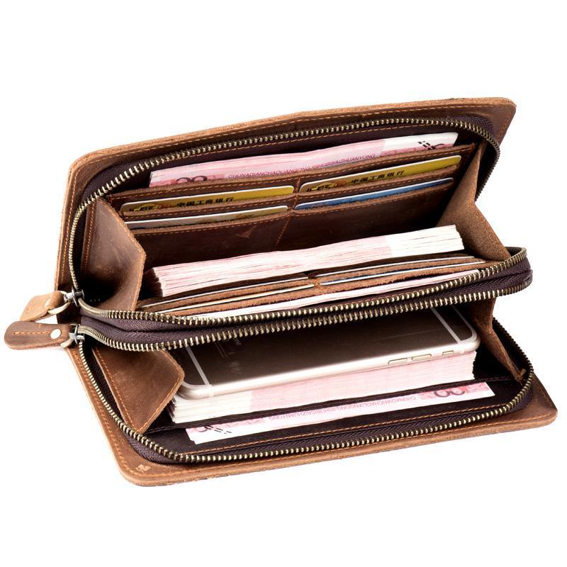 Brown Cool Mens long Wallet Wristlet Wallet Clutch Wallet Bifold Long Wallet for Men