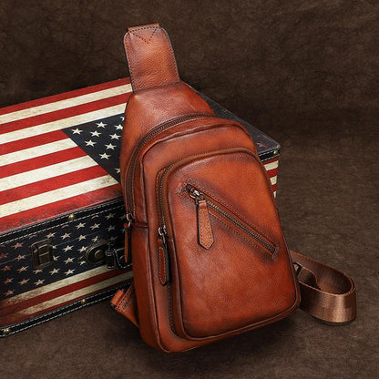 Vintage Brown Leather Men's Sling Bags Chest Bag Brown Sling Pack Sling Backpack For Men