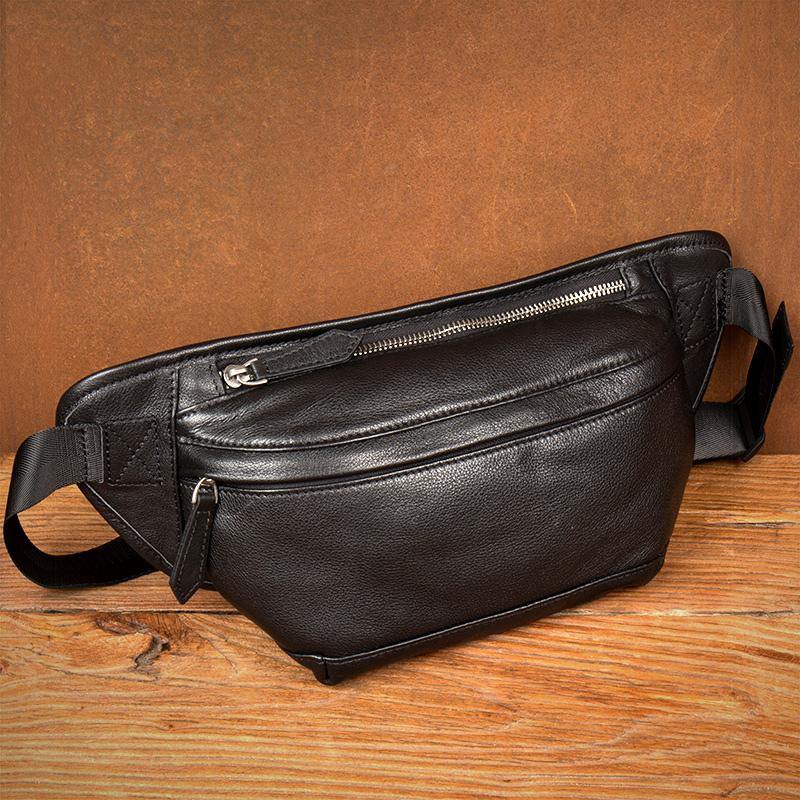 Cool Black Leather Fanny Pack Mens Waist Bag Hip Pack Black Belt Bags Bumbag for Men