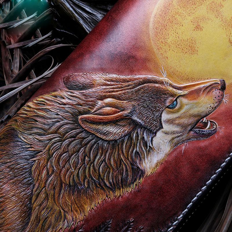 Handmade Leather Mens Clutch Wallet Cool Wolf Tooled Wallet Long Zipper Wallets for Men