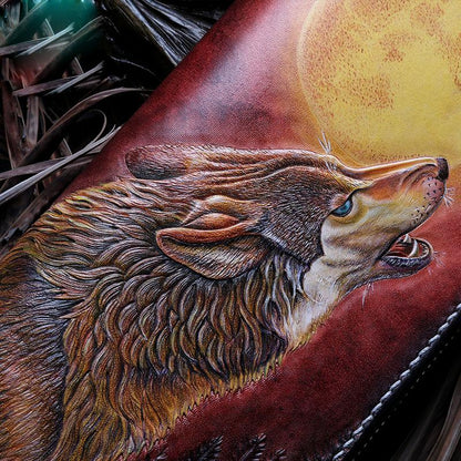 Handmade Leather Mens Clutch Wallet Cool Wolf Tooled Wallet Long Zipper Wallets for Men