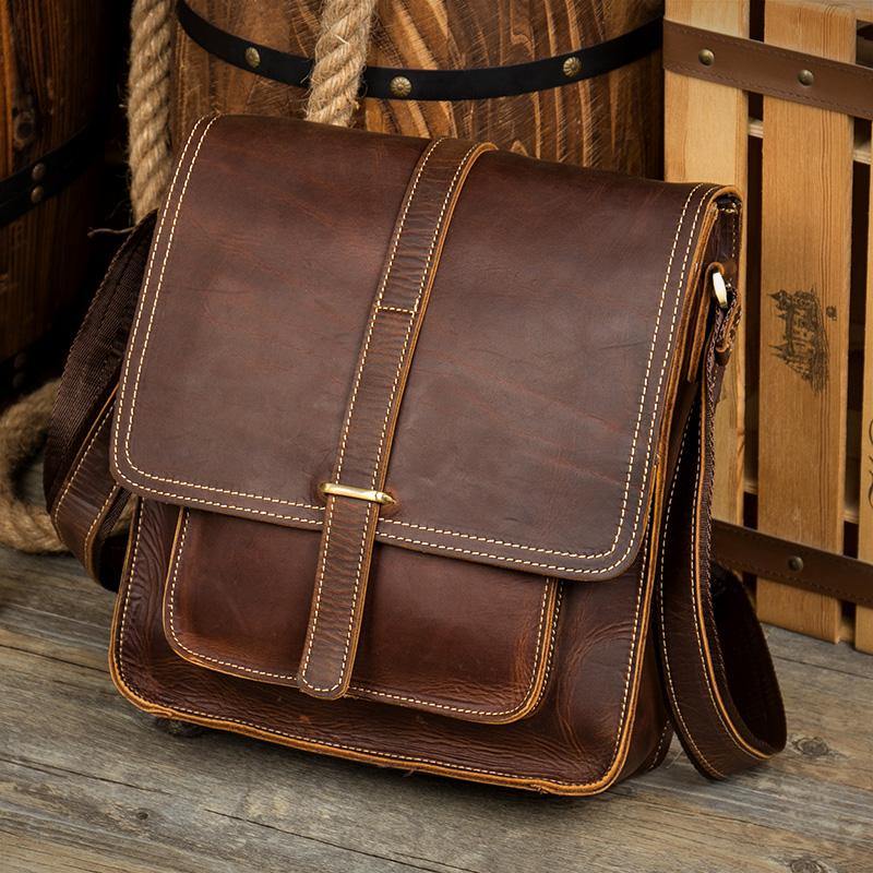 Cool Dark Brown Leather 10 inches Vertical Courier Bag Side Bags Messenger Bag for Men