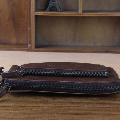 Handmade Genuine Leather Mens Cool Long Leather Wallet Zipper Clutch Wristlet Wallet for Men