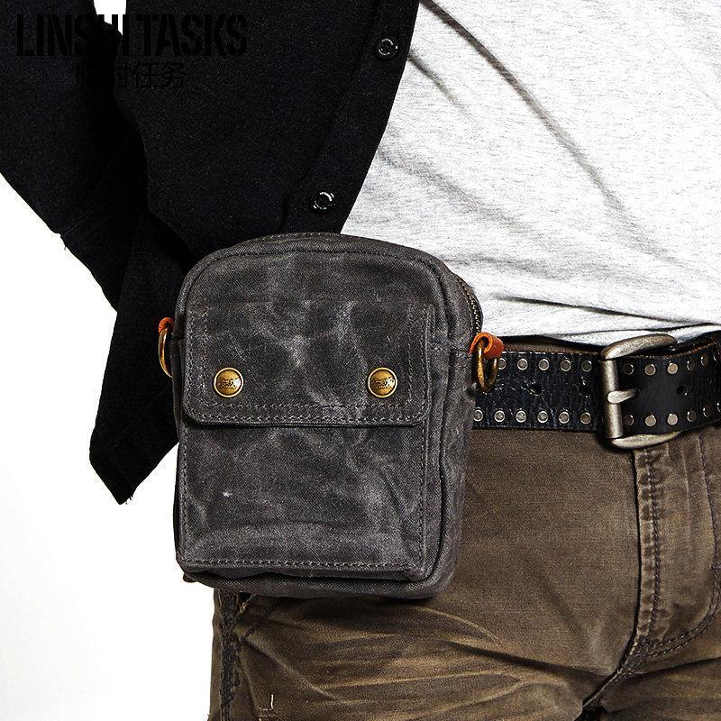 Gray Cool Canvas Mens Mini Vertical Waist Bag Belt Pouch Messenger Bags Side Bag for Men