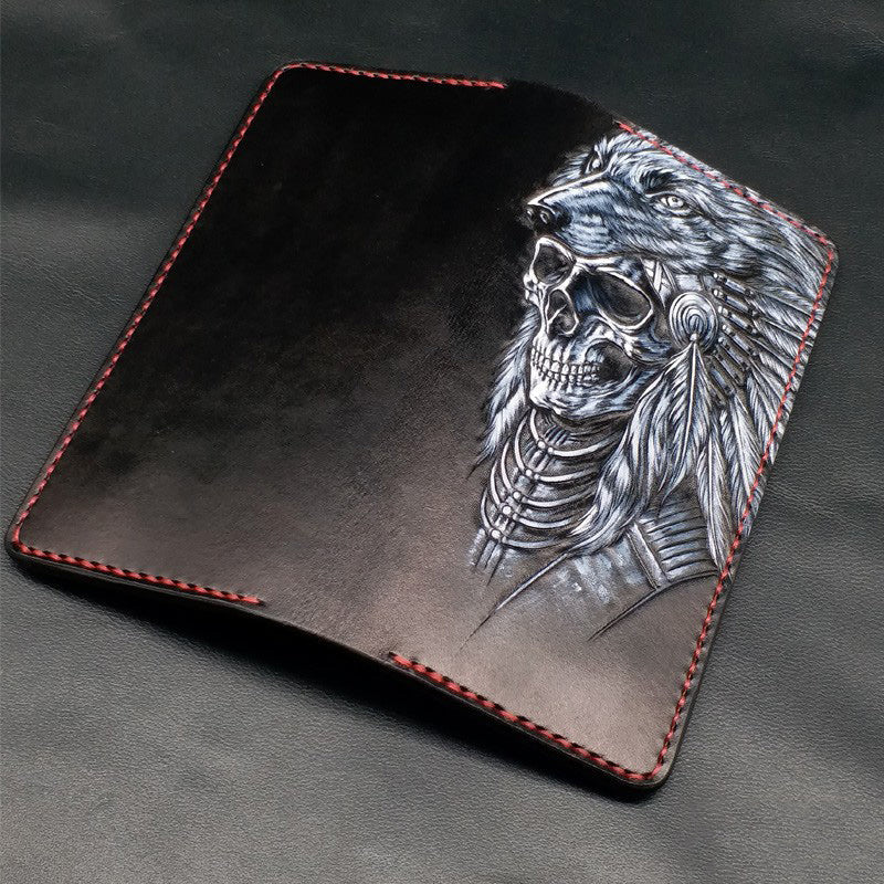 Black Handmade Tooled Indian Chief Skull Leather Mens Long Wallet Bifold Long Wallet For Men