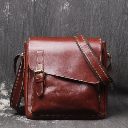 Vintage Leather Men's Small Side Bag Vertical Messenger Bag Shoulder Bag For Men