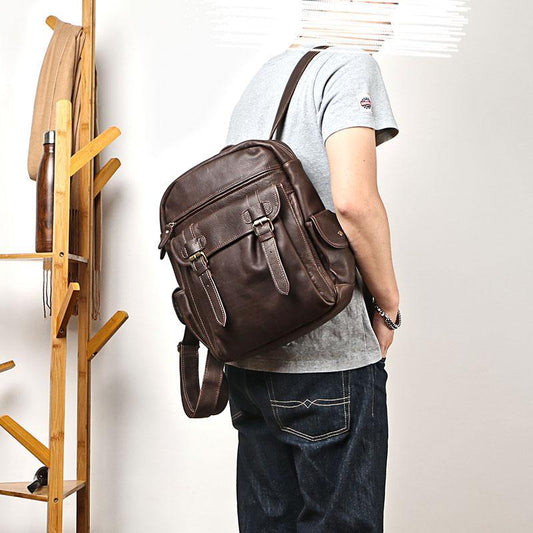 Coffee Cool Leather Mens School Backpack College Backpack 14'' Computer Backpack For Men