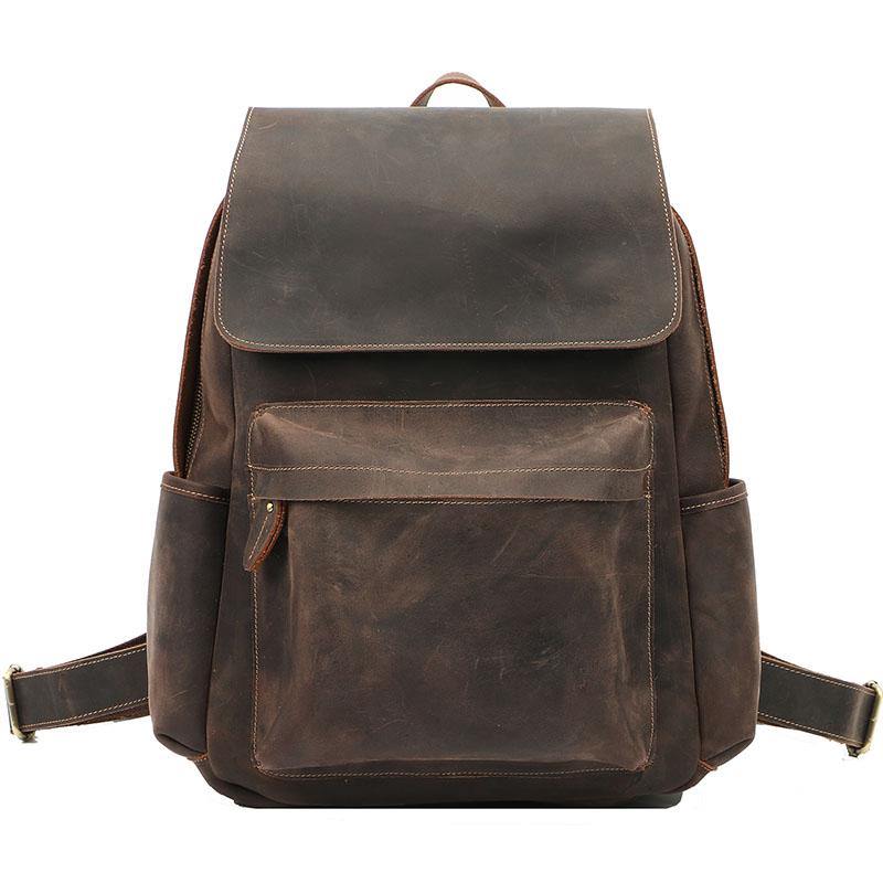 Cool Brown Leather Mens Travel Backpack Work 14'' School Backpack Work Backpack For Men