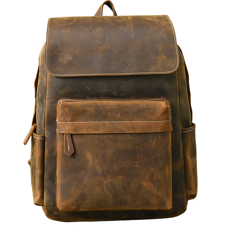 Cool Leather Mens 14' Retro Brown Hiking Backpack Travel Backpack College Backpack for Men