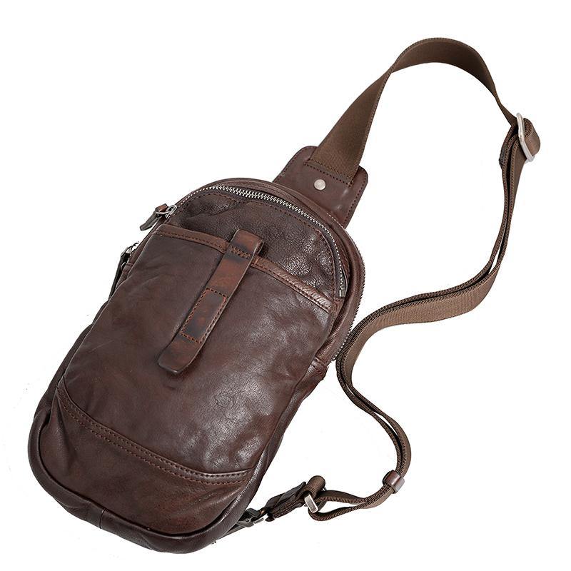 Fashion Brown Leather Men Sling Pack Chest Bag Sling Bag Cool Coffee Leather One Shoulder Backpack For Men