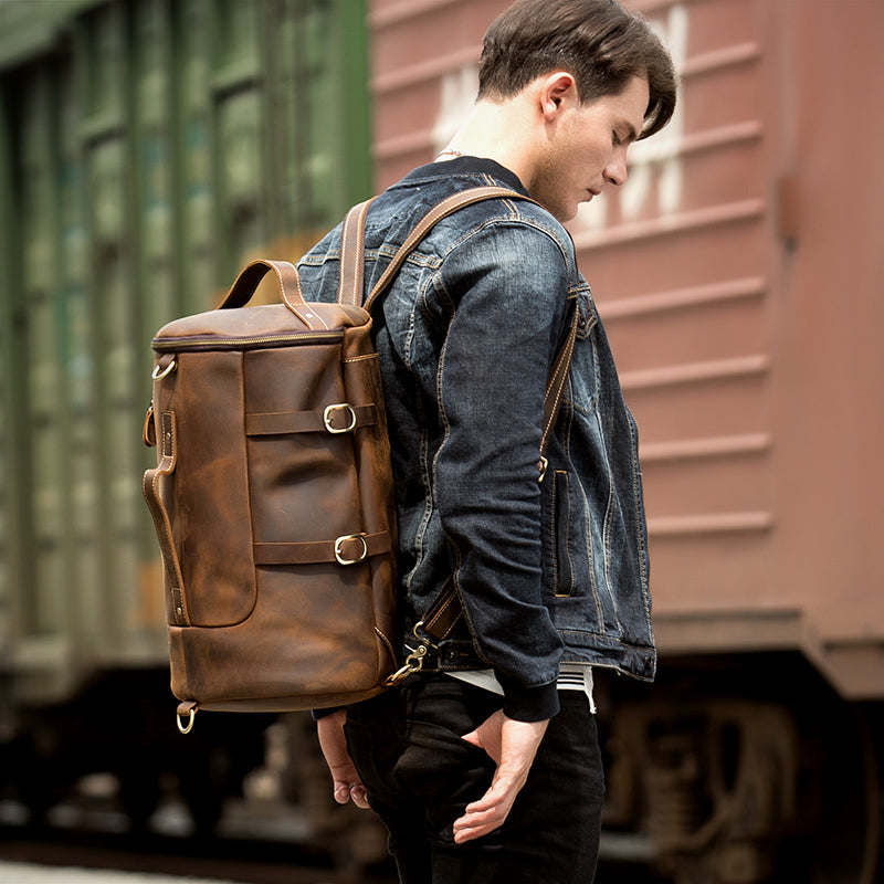 Cool Brown Mens Leather 14 inches Barrel Weekender Bag Bucket Travel Backpack for Men