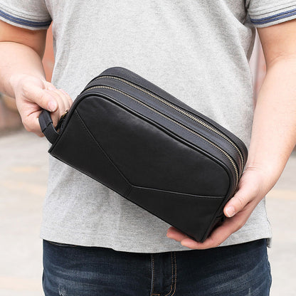 Casual Black Leather Men's Wristlet Bag Double Zipper Clutch Bag For Men