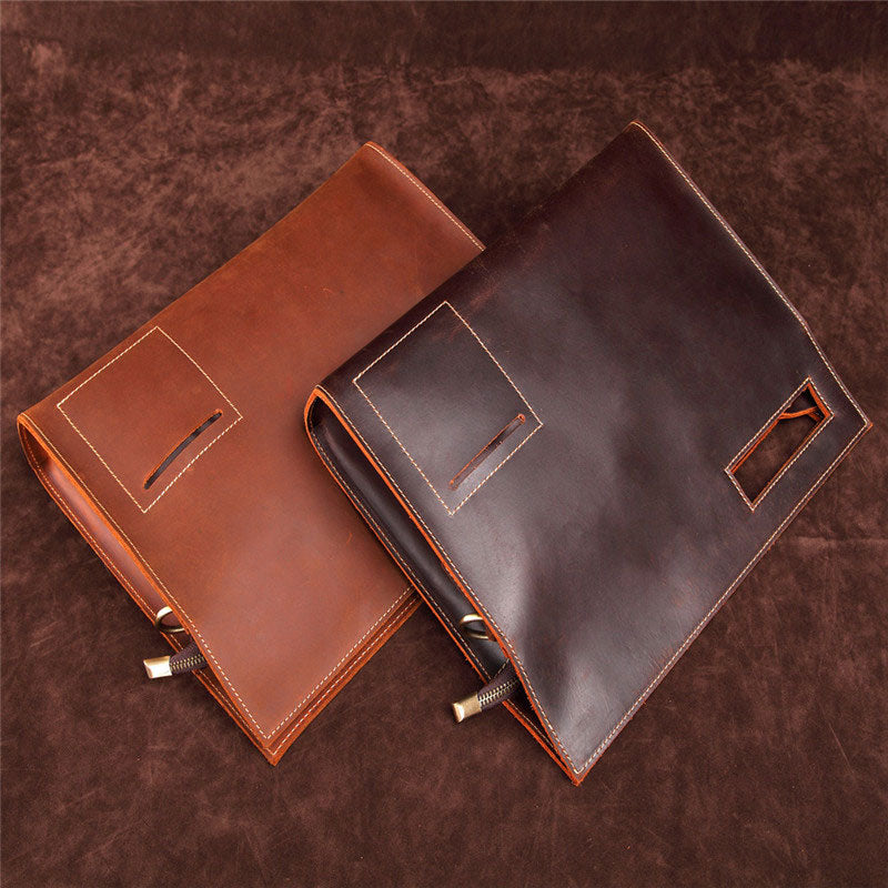 Brown Mens Leather Office Documents Bags A4 Paper File Pouch Envelope Bag Clutch Bag