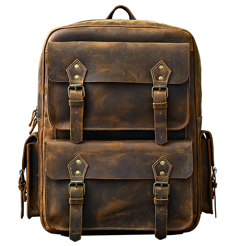 Cool Leather Mens 15' Brown Hiking Backpack Travel Backpack Laptop College Backpack for Men