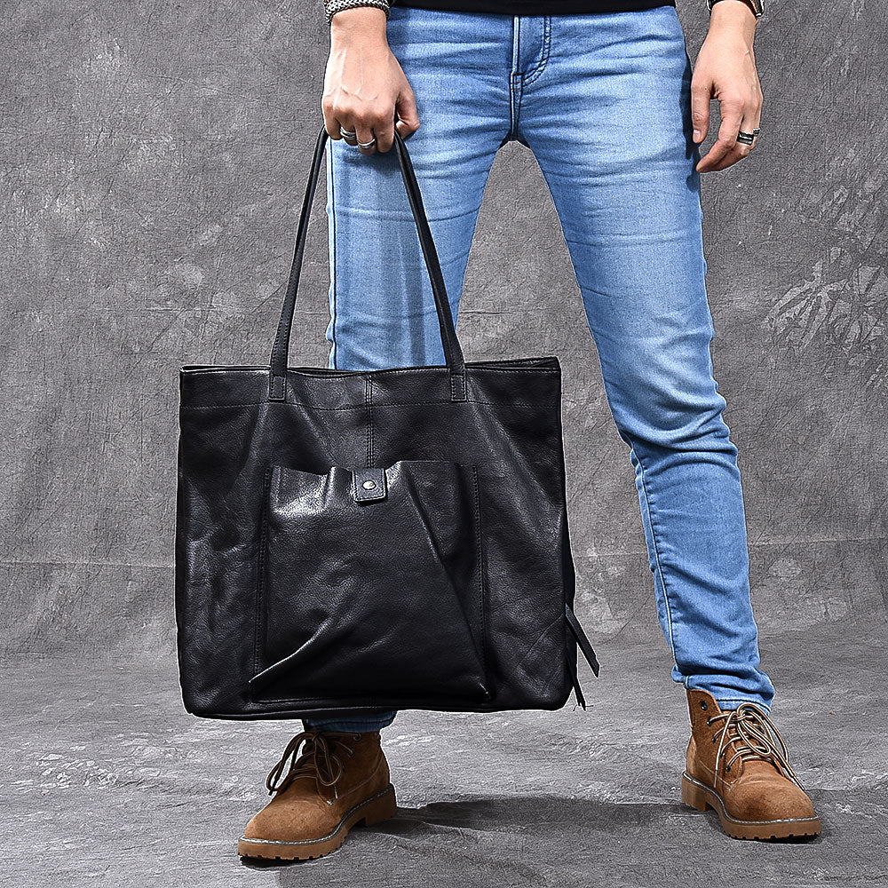 Leather Mens Womens 15' Large Shoulder Bag Black Tote Bag Large Side Bag Handbag For Men