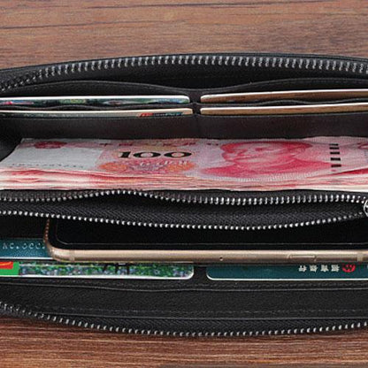 Genuine Leather Mens Cool Long Leather Wallet Zipper Clutch Wristlet Wallet for Men