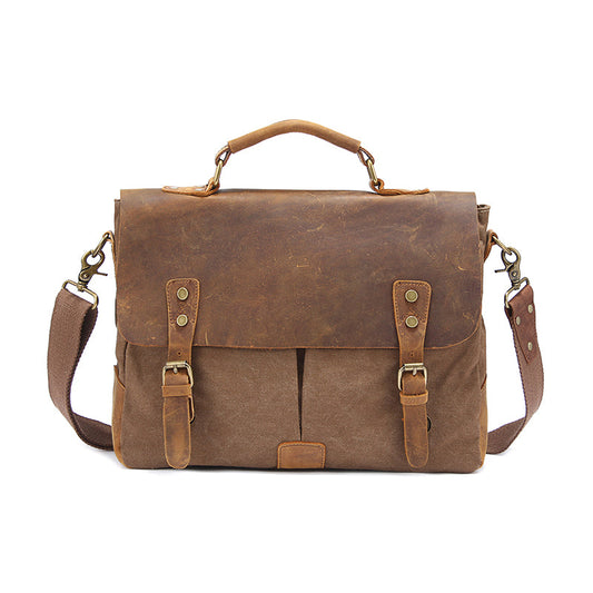 Canvas Leather Mens 14' Simple Khaki Briefcase Side Bag Lake Green Messenger Bag Brown Shoulder Bag for Men