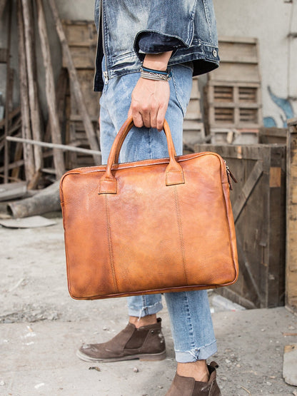 Vintage Brown Leather Mens 14 inches Briefcase Work Side Bag Brown Laptop Briefcase Business Bag for Men