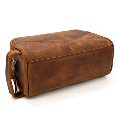 Brown Leather Men's Toiletry Bag Travel Dopp Kit Double Zipper Puller Clutch For Men