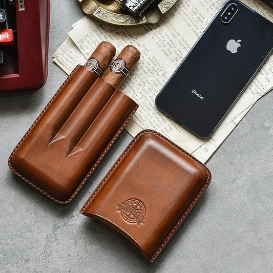 Cool Brown Leather Mens 3pcs Cigar Case Cool Custom Leather Cigar Case for Men