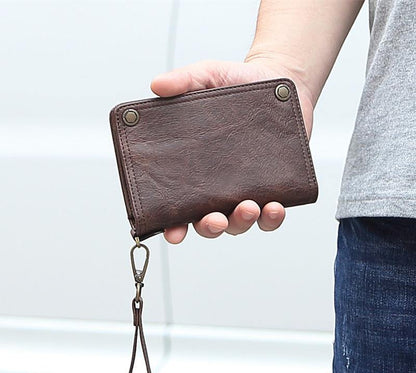 Small Mens Chain Wallet Leather Bifold Wallet Vertical Wristlet Wallet For Men