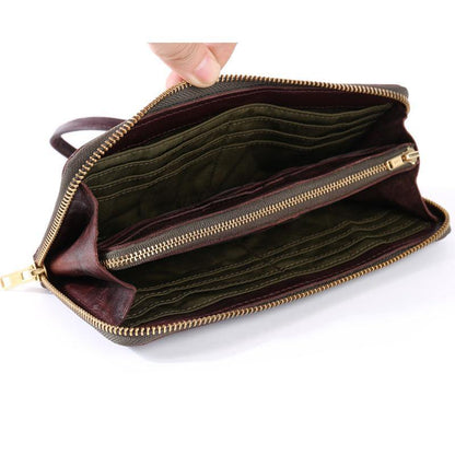 Cool Leather Mens Clutch Simple Brown Wallet Zipper Clutch Wristlet Phone Purse for Men