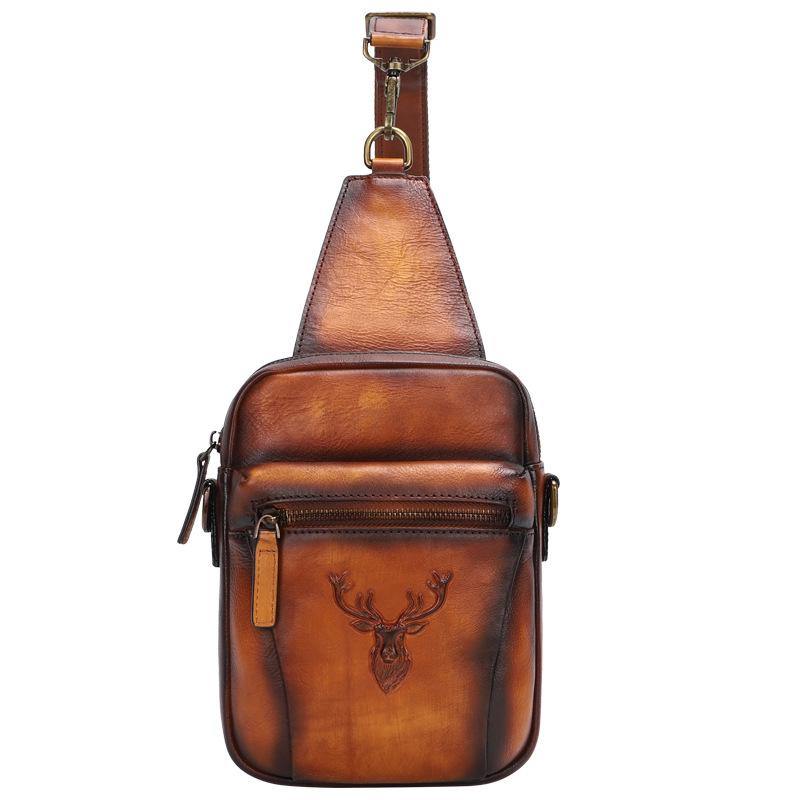 Vintage Brown Leather Deer Womens Men's Sling Bag Chest Bag Sling Pack Sling Backpack For Men