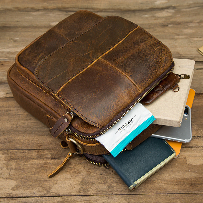 Vintage Brown Leather Mens Small Vertical Side Bags Shoulder Bags Messenger Bag For Men