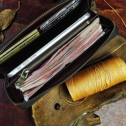 Handmade Leather Floral Mens Cool Zipper Phone Travel Long Wallet Card Holder Card Slim Clutch Wallets for Men