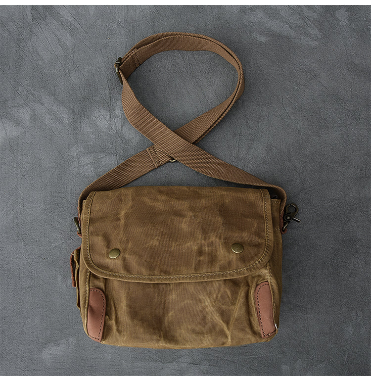 Waxed Canvas Leather Mens Gray Vintage Side Bag Khaki Messenger Bag Small Shoulder Bag For Men