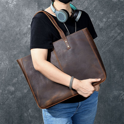 Leather Mens Womens 14' Large Tote Shoulder Bag Vintage Brown Tote Bag Large Side Bag For Men