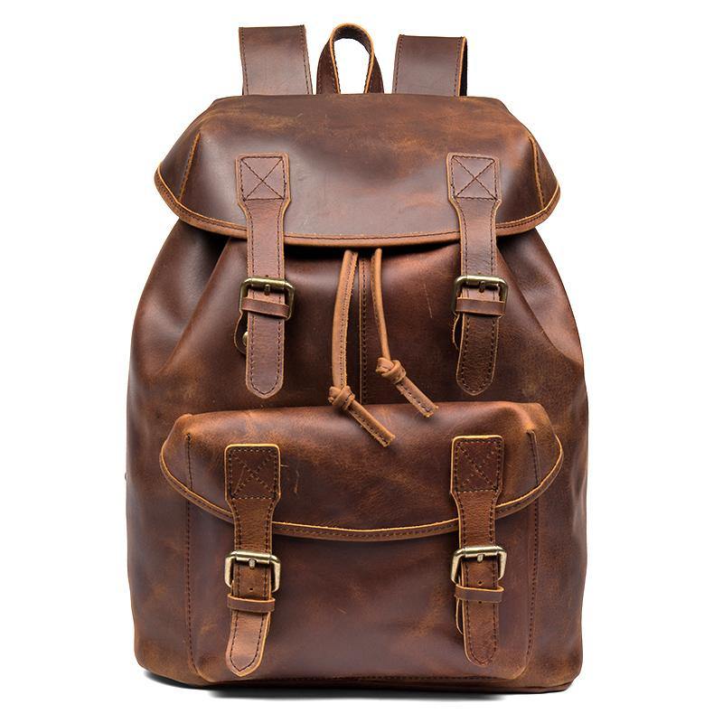 Fashion Dark Brown Mens Leather 15inchs Computer Backpack Cool Travel Backpacks School Backpack for men