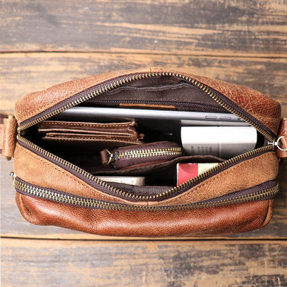 Black Leather Small Zipper Messenger Bag Courier Bag Brown Postman Bag For Men