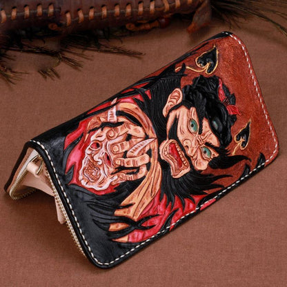 Handmade Leather Mens Clutch Wallet Cool Zhong Kui Tooled Wallet Long Zipper Wallets for Men