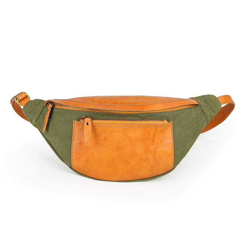 Canvas Leather Mens Caramel Waist Bag Army Green Fanny Pack Hip pack Chest Bag For Men