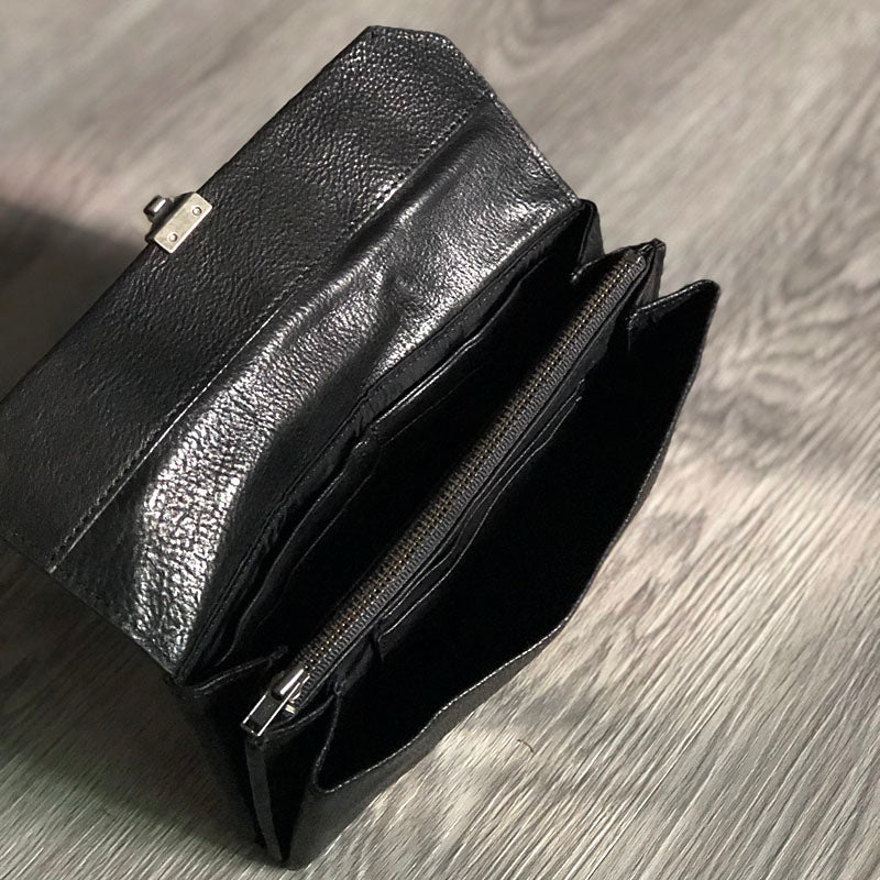 Vintage Black Leather Mens Womens Long Wallet Black Clutch Wallet Phone Wallet For Men