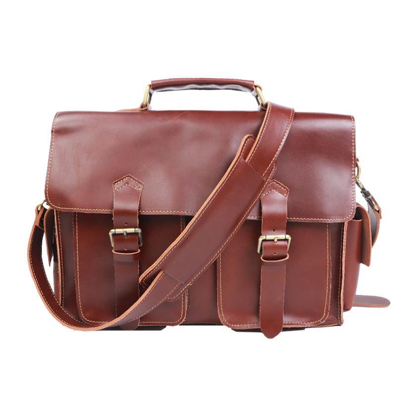 Vintage Dark Brown Leather Mens 14 inches Briefcase Work Shoulder Briefcase Handbags For Men