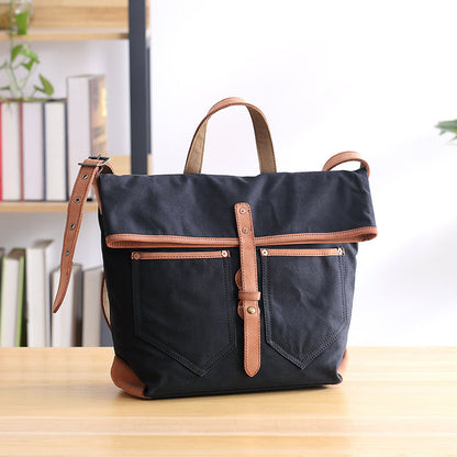 Canvas Leather Mens 13'' Khaki Side Bag Courier Bag Messenger Bag Black Shoulder Bag for Men