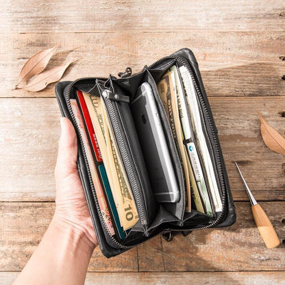 Cool Black Leather Mens Long Wallet Zipper Clutch Wallet Long Wallet Phone Bag Wristlet Wallet for Men