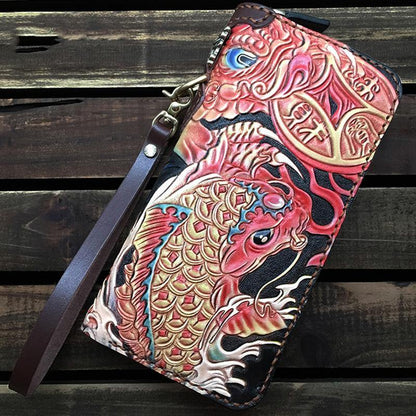 Black Handmade Carp Toad Tooled Leather Long Biker Wallet Black Chain Wallet Clutch Wallet For Men