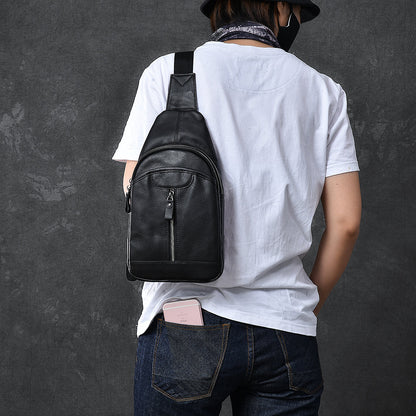 Cool Leather Mens 8' Black Sling Bag Chest Bag One Shoulder Backpack for Men