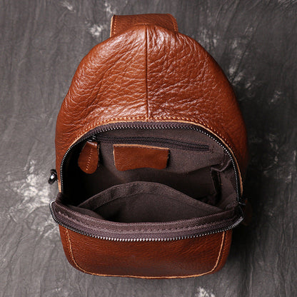 Brown Leather Men's Sling Bag Sling Pack Fashion Brown One shoulder Backpack For Men