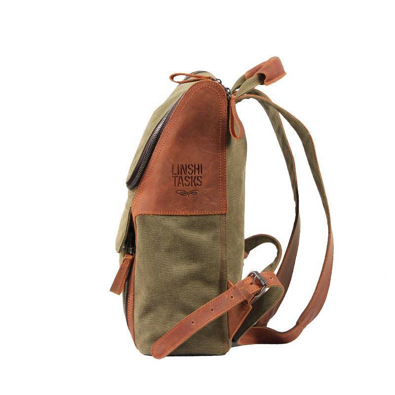 Fashion Canvas Leather Mens Large Army Green Backpack School Backpack Canvas Travel Backpack For Men