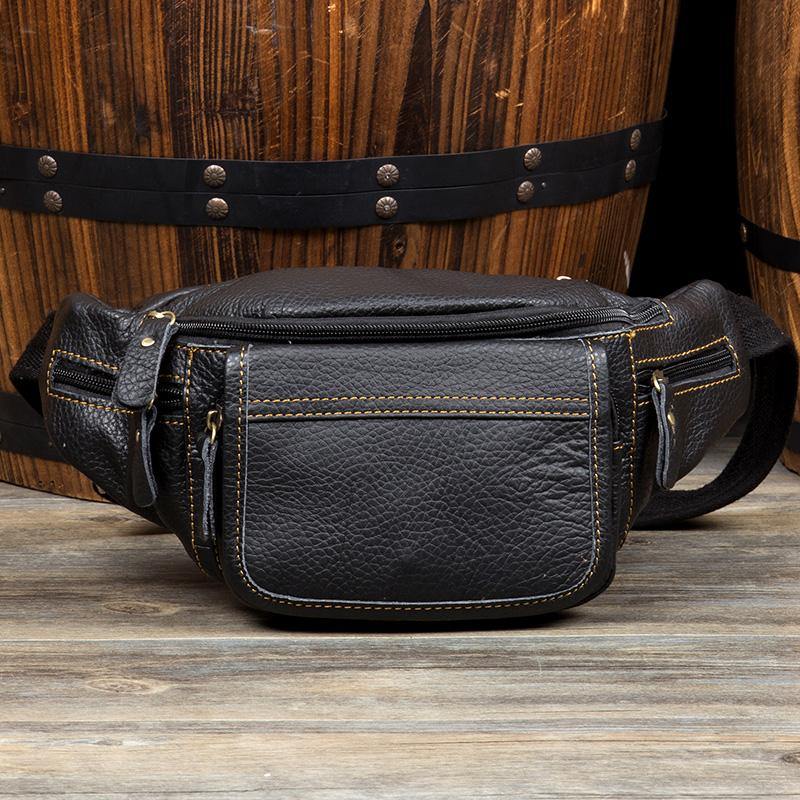 Vintage Black Leather Mens Fanny Pack Waist Bags Coffee Hip Pack Belt Bag Brown Bumbag for Men