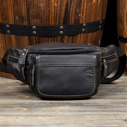 Vintage Black Leather Mens Fanny Pack Waist Bags Coffee Hip Pack Belt Bag Brown Bumbag for Men