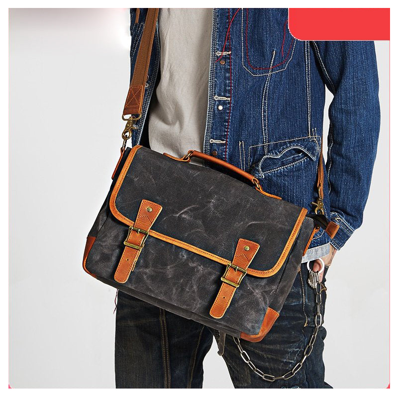 Dark Gray Waxed Canvas Leather Mens Briefcase Side Bag Messenger Bags Casual Courier Bag for Men