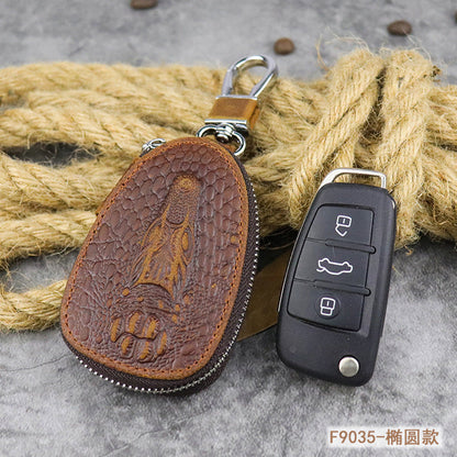 Brown Leather Men's Car Key and Oval Wallet Zipper Car Key Case Car Holder For Men